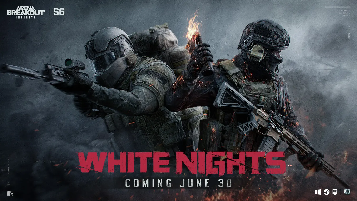 Official Arena Breakout Infinite Season 6 White Nights key art showing two heavily-armed raiders amid smoke and embers, with Coming June 30