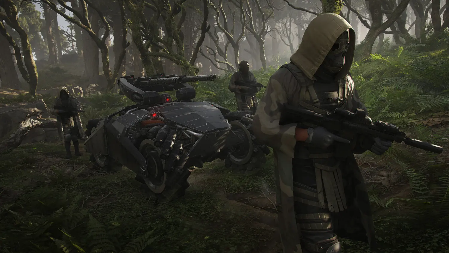 A camouflaged operator in a misty forest in Ghost Recon Breakpoint, moving past a downed drone-tank with a teammate covering