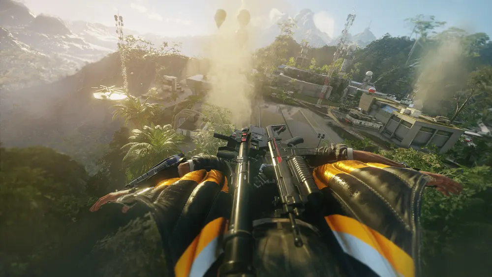 An explosive open-world sandbox moment with a grappling hook and chaos