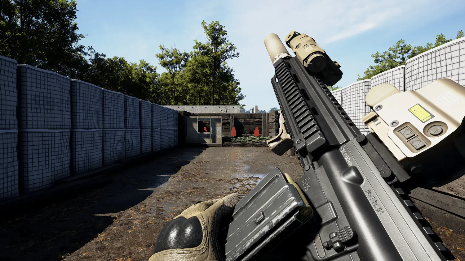 First-person view of a detailed suppressed rifle with no HUD or crosshair at a shooting range in Ground Branch