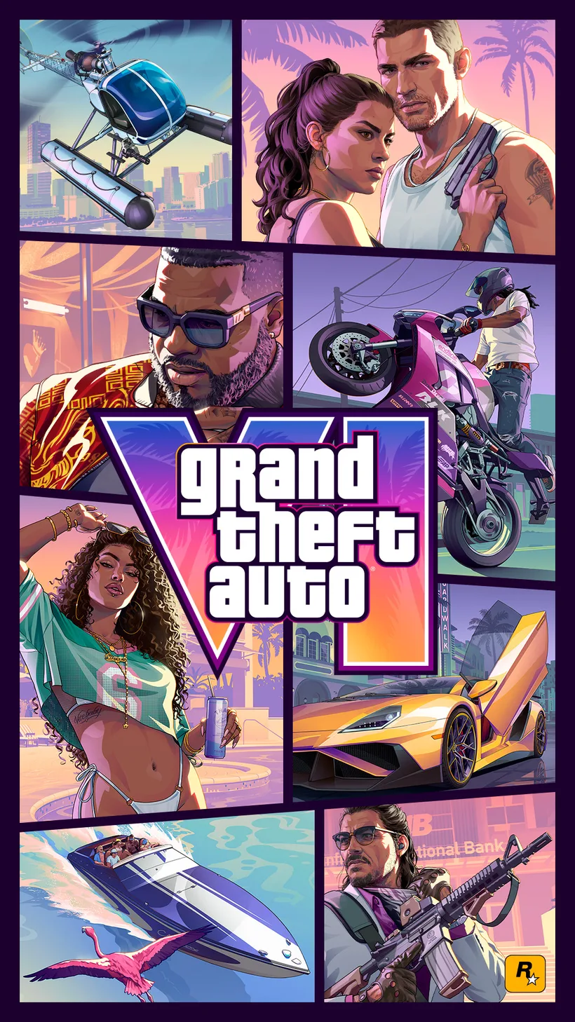Official Grand Theft Auto VI cover art, a Vice City collage with Jason and Lucia, a helicopter top left and the purple VI logo