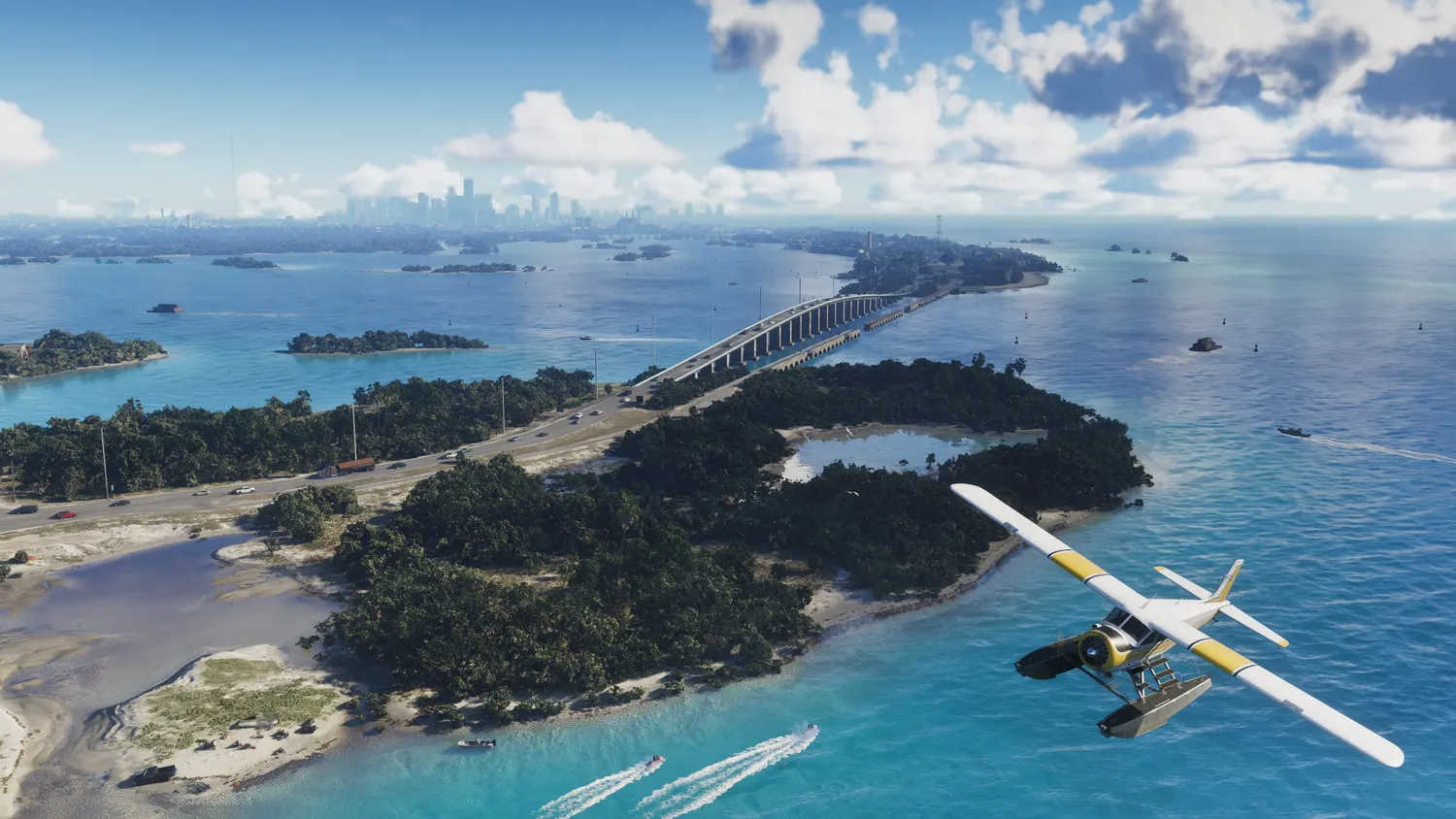 A seaplane banking over the Leonida Keys in GTA 6, with a long causeway bridge stretching toward a distant city skyline over bright blue water