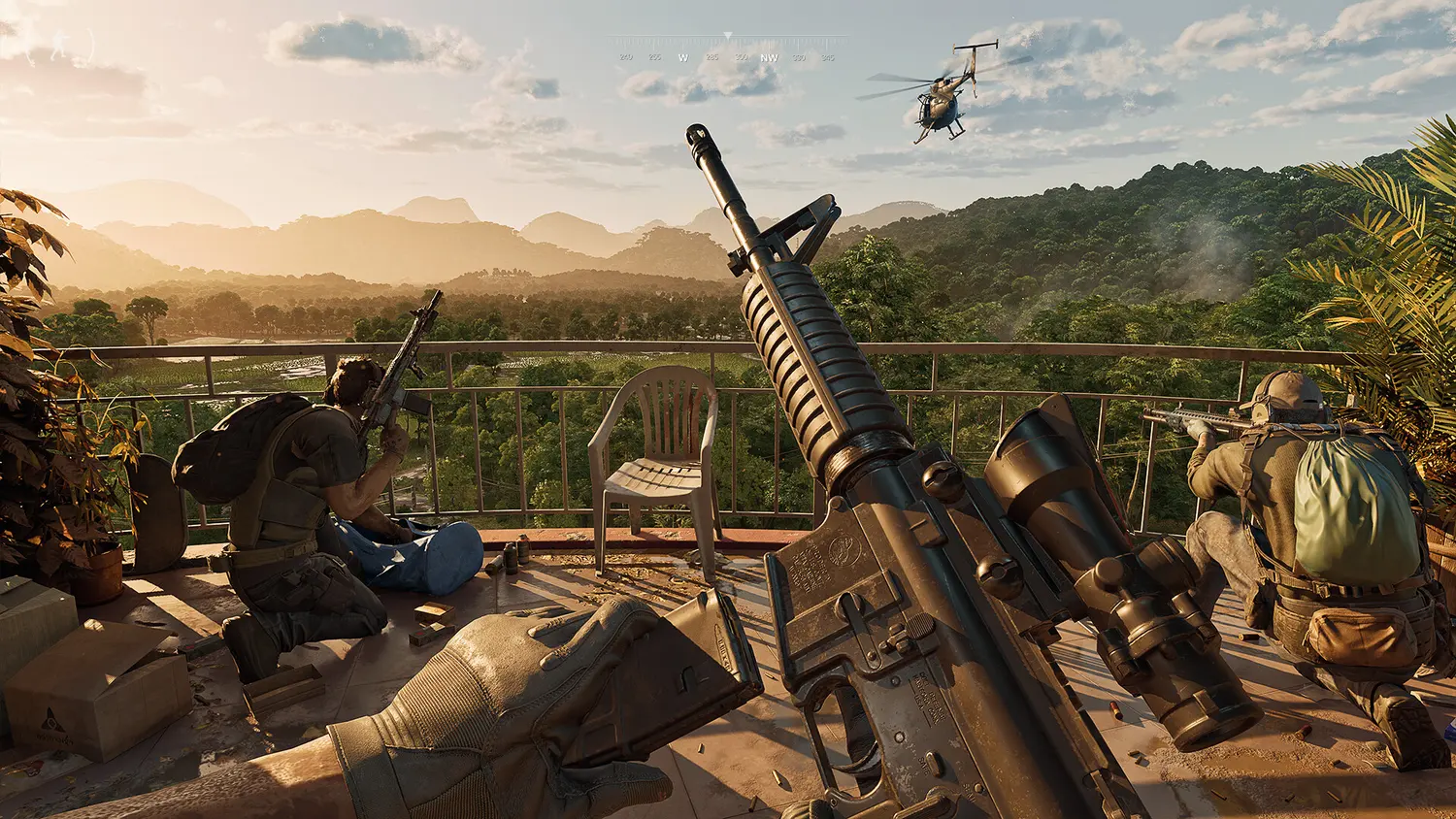Operators on a rooftop overlooking the jungle valley of Lamang at sunset in Gray Zone Warfare, with a helicopter in the distance