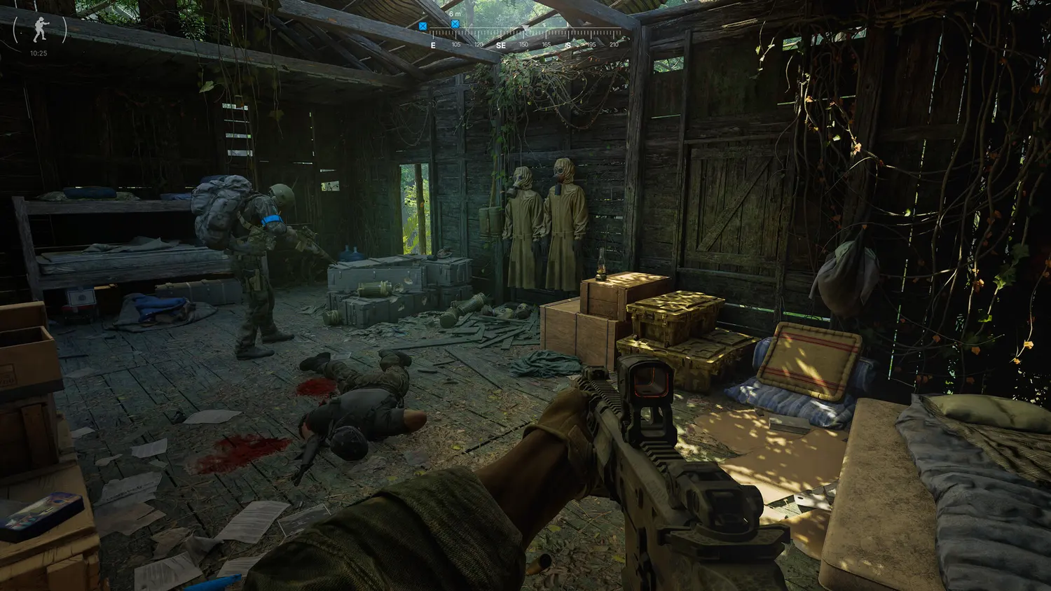 A Gray Zone Warfare operator clearing a jungle hut with a squadmate, a downed enemy on the floor and loot crates around the room