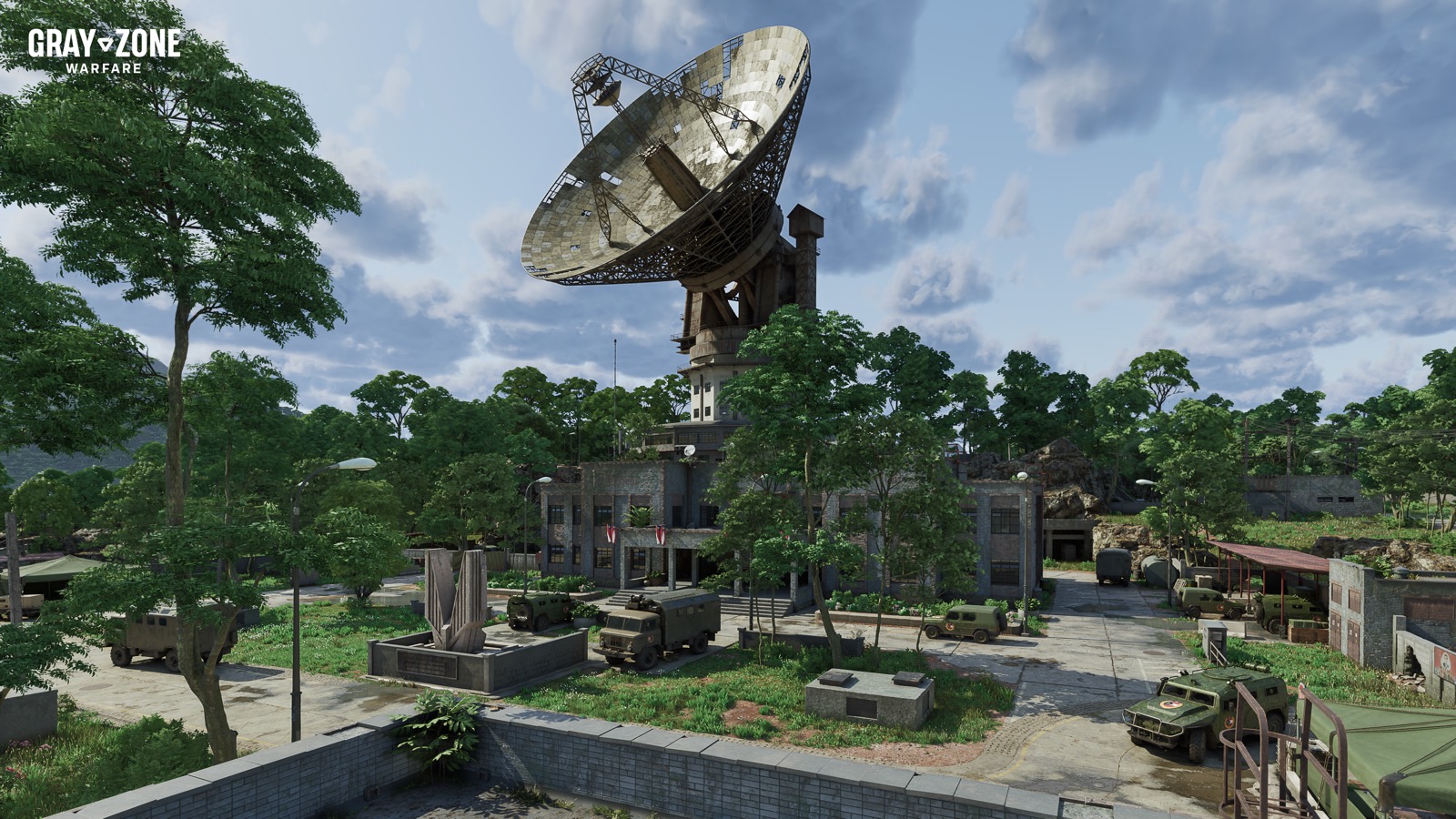 Official Rogue Ops still of the Radio Observatory, a satellite dish over a fortified compound and military trucks.