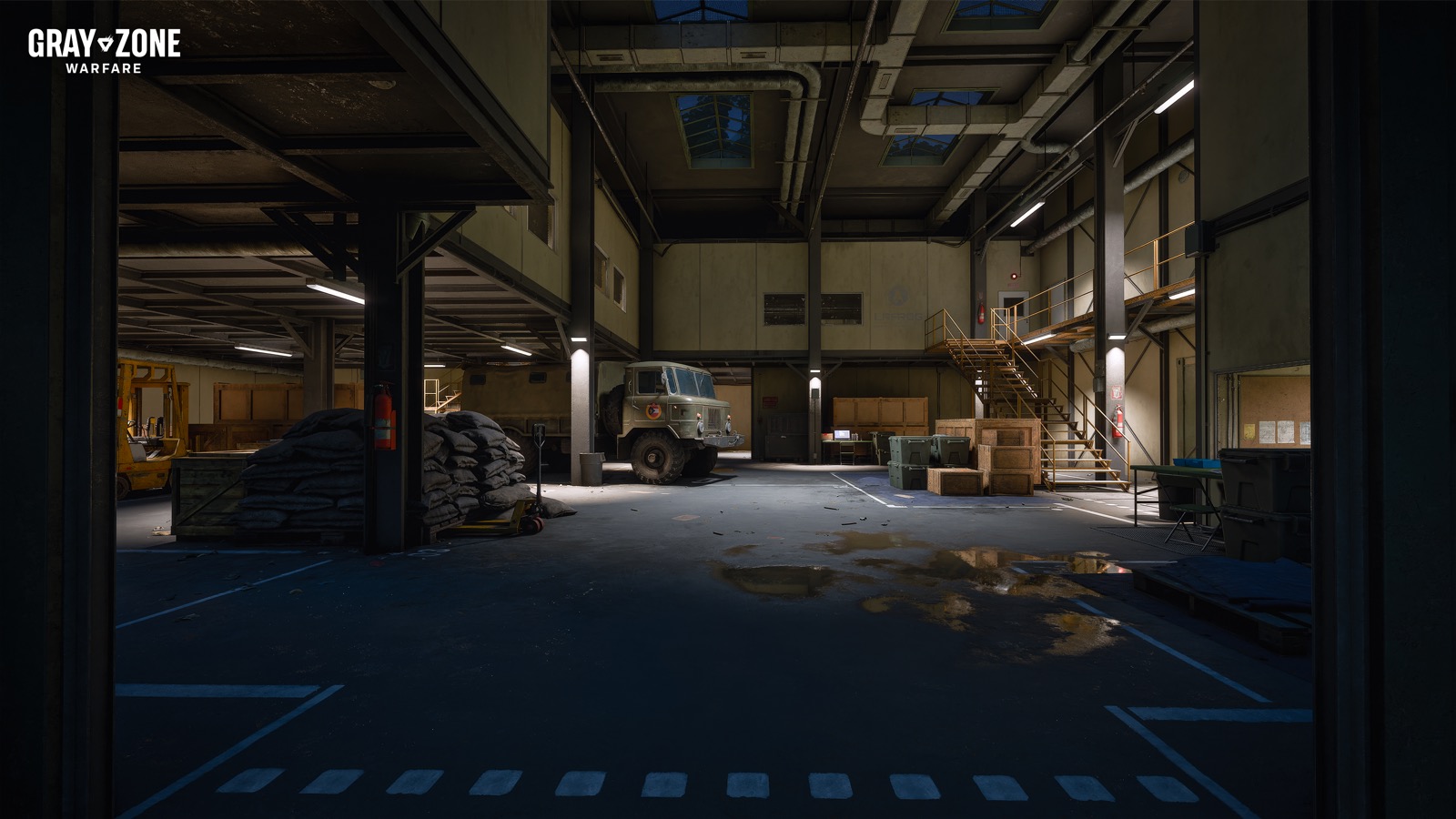 Official Rogue Ops still of the Military Research Site warehouse, with a military truck, crates and a metal stair.