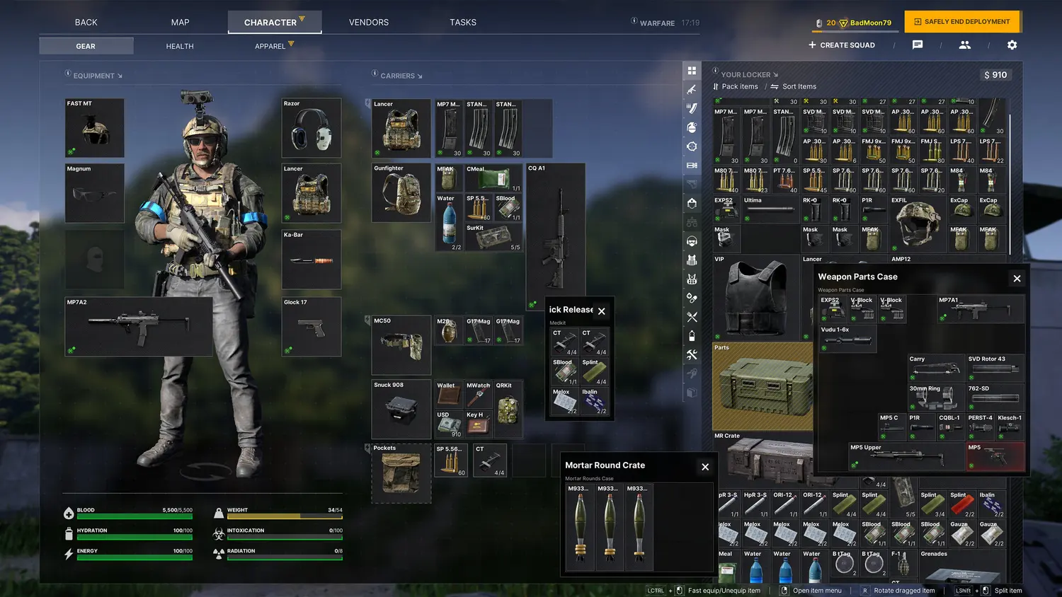 The Gray Zone Warfare loadout and gear screen showing weapons, attachments, a weapon parts case and inventory