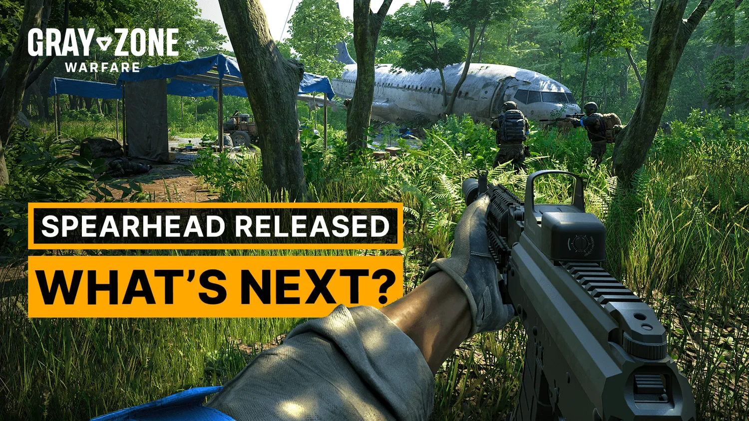 Gray Zone Warfare key art, a PMC operator wading through dense jungle past a downed airliner on the island of Lamang, with the words Spearhead Released, What's Next