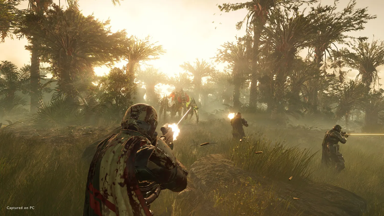 A Helldiver firing at an Automaton through a misty jungle biome at sunset in Helldivers 2