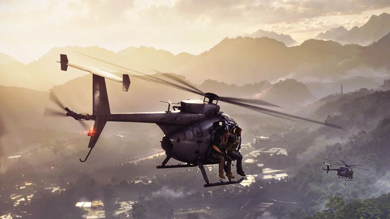 Operators riding on the skids of a small helicopter over misty jungle at sunset in Gray Zone Warfare Update 0.5