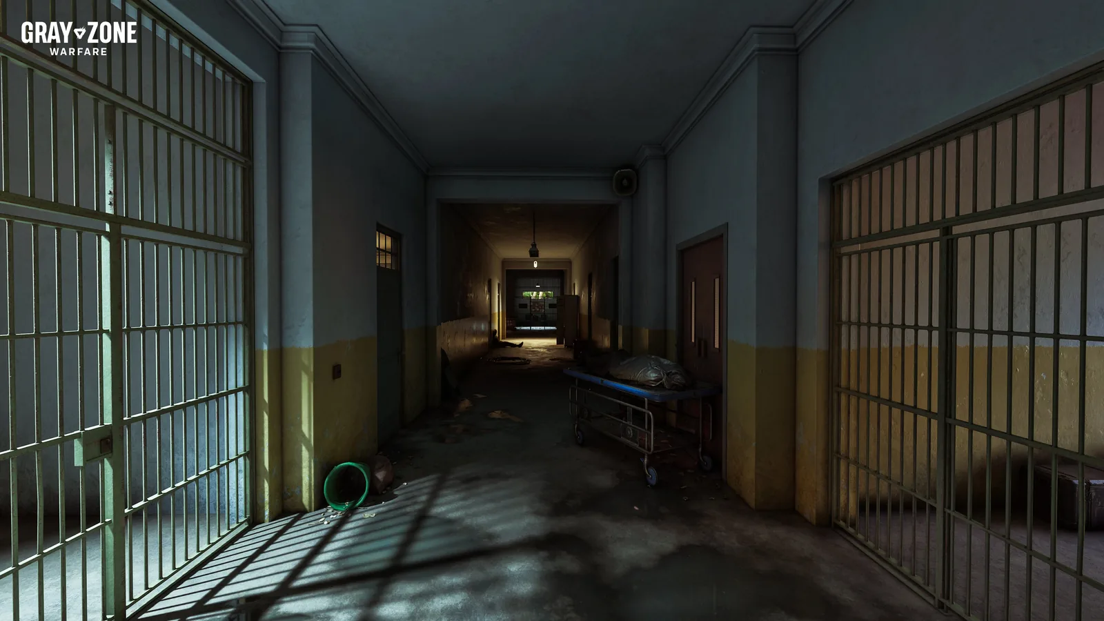 A barred cell corridor inside the Lakevale Sanctuary asylum in Gray Zone Warfare Update 0.5