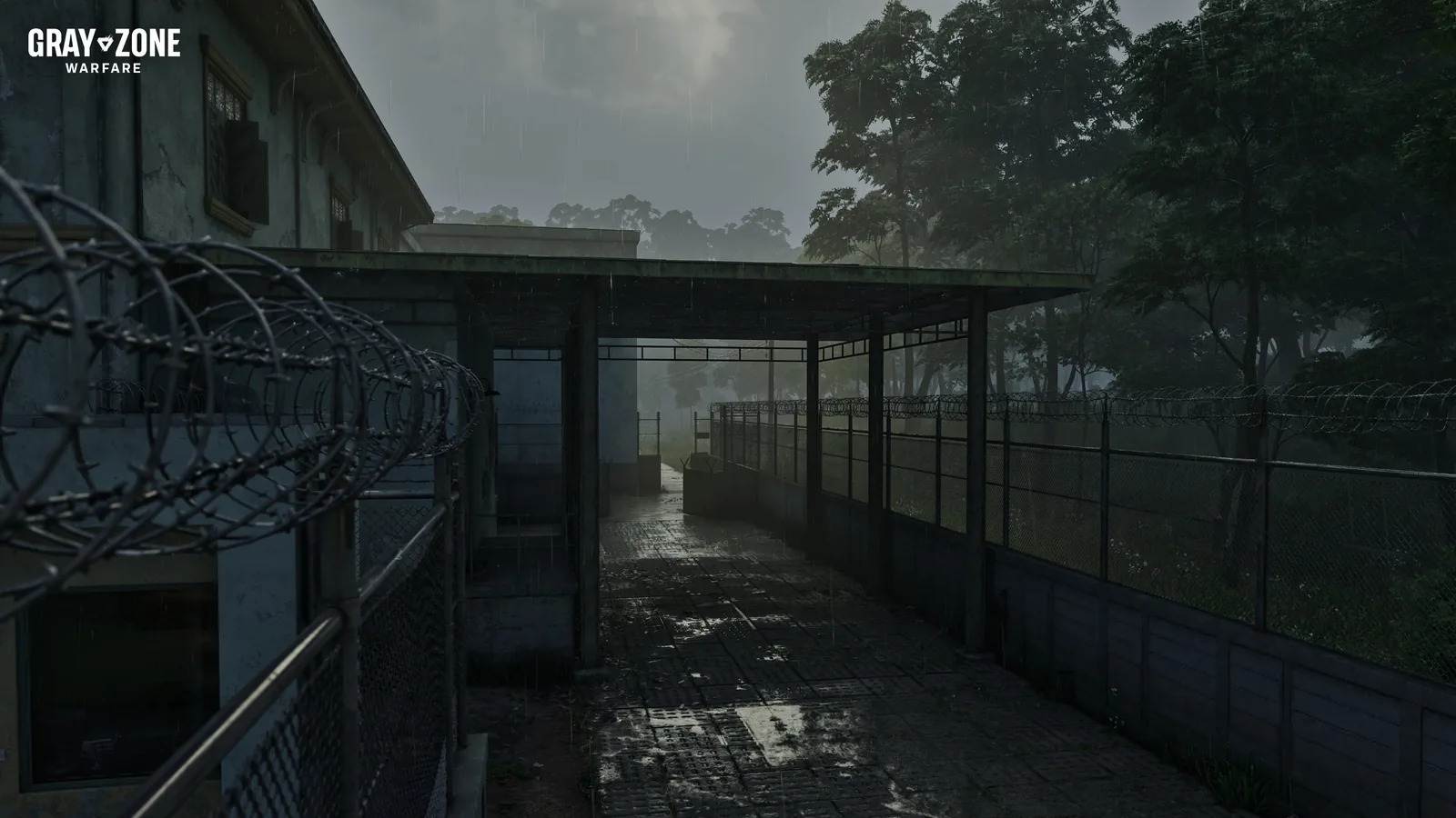 Razor wire and fencing outside the Lakevale Sanctuary asylum, a new Tier 4 location in Gray Zone Warfare Update 0.5