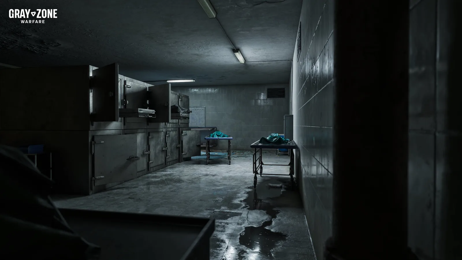 A dark tiled medical room with steel tables inside Lakevale Sanctuary in Gray Zone Warfare Update 0.5