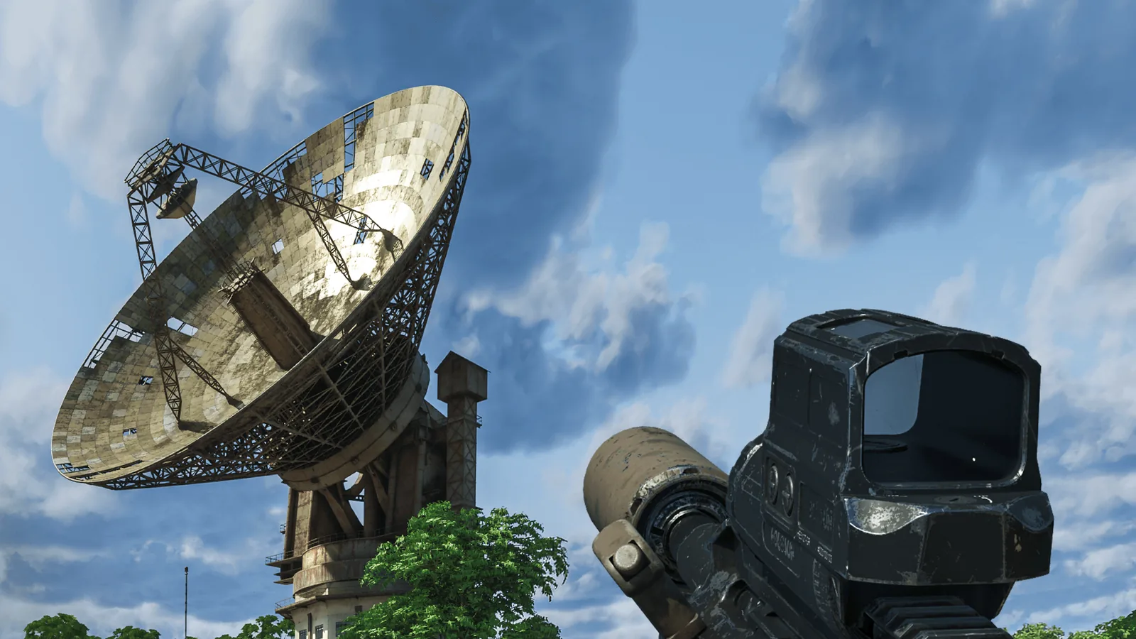 A large radio telescope dish rising above the jungle, seen past a rifle with a red-dot sight, from MADFINGER's Gray Zone Warfare Update 0.5 teaser