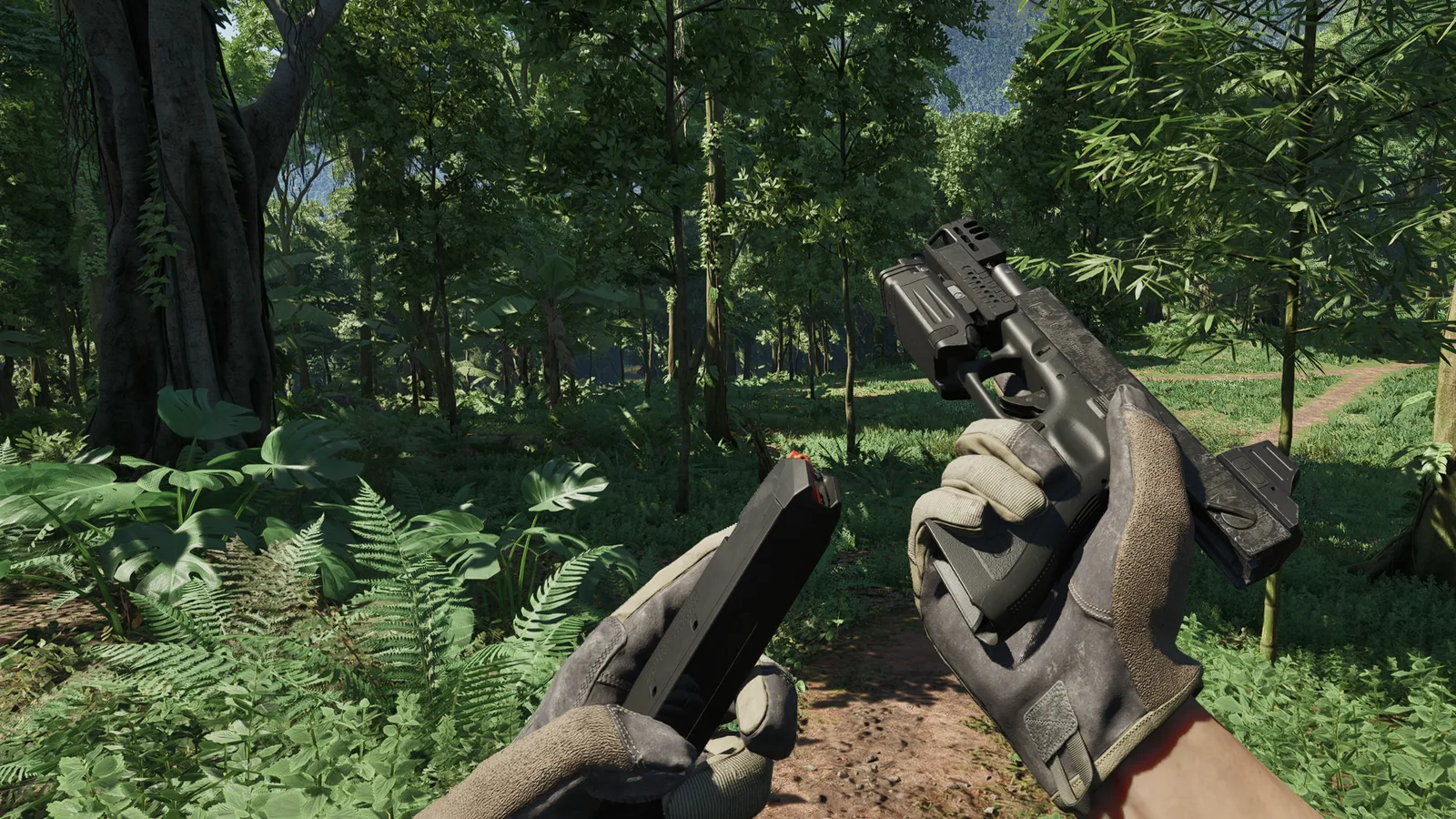 First-person view of a Glock 18C with a weapon light being reloaded on a jungle path in Gray Zone Warfare 0.5