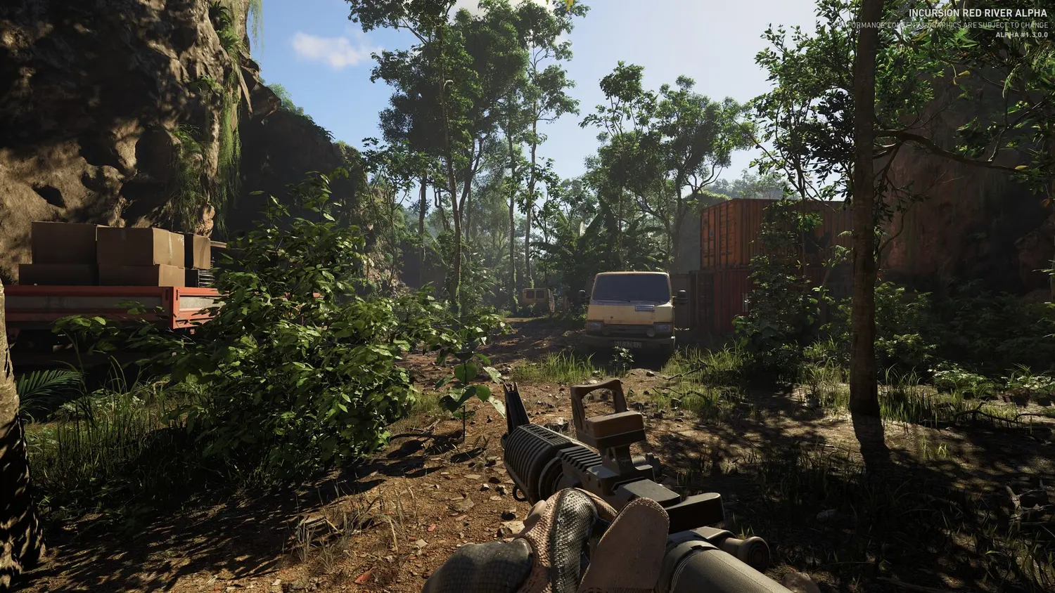 A first-person view in Incursion Red River moving through a dense jungle toward an abandoned van and a shipping container