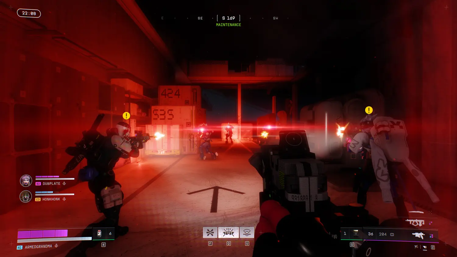 Runners trading fire down a red-lit industrial corridor in Bungie's extraction shooter Marathon