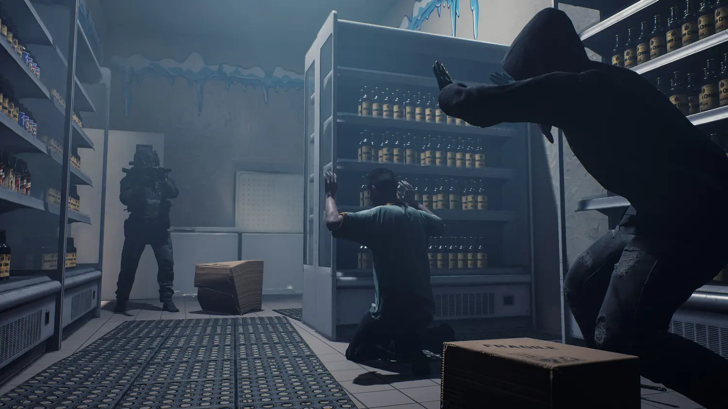 A SWAT officer clearing a frozen convenience store in Ready or Not while a suspect surrenders by a fridge