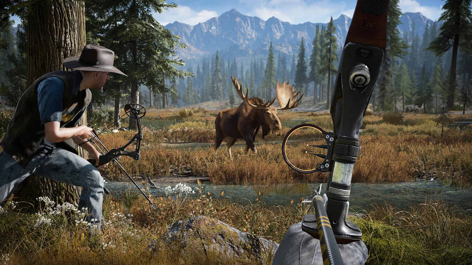 A hunter watches a moose in a mountain meadow, bow in the foreground.