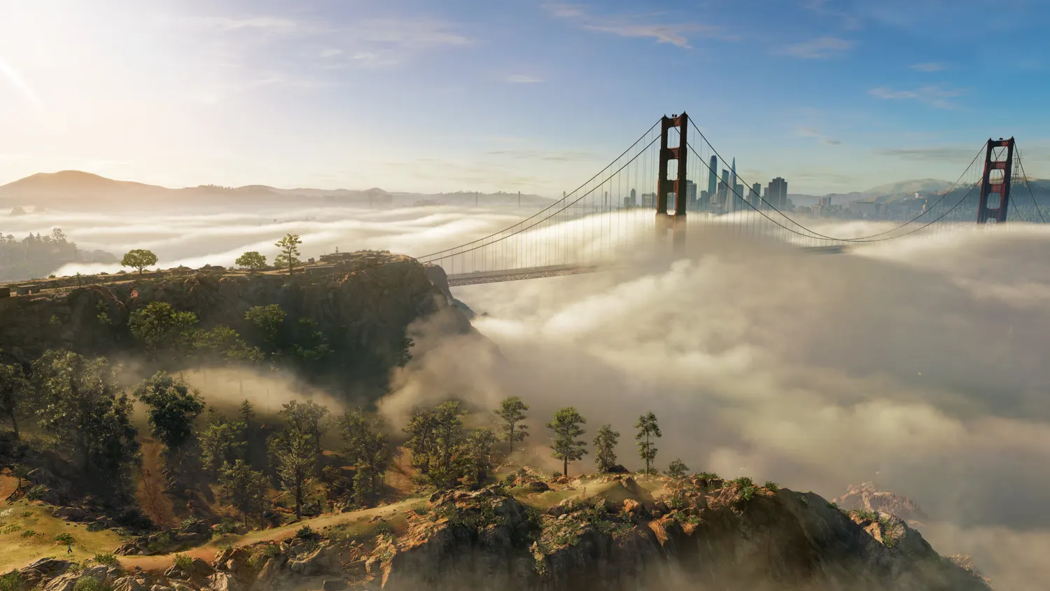 The Golden Gate Bridge rising out of the fog over the San Francisco Bay in Watch Dogs 2